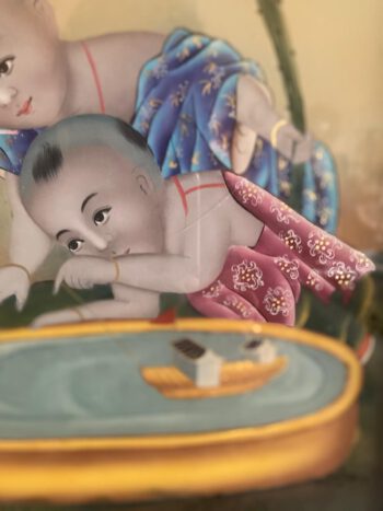 Chinese achter glas schildering met kinderen in houten lijst